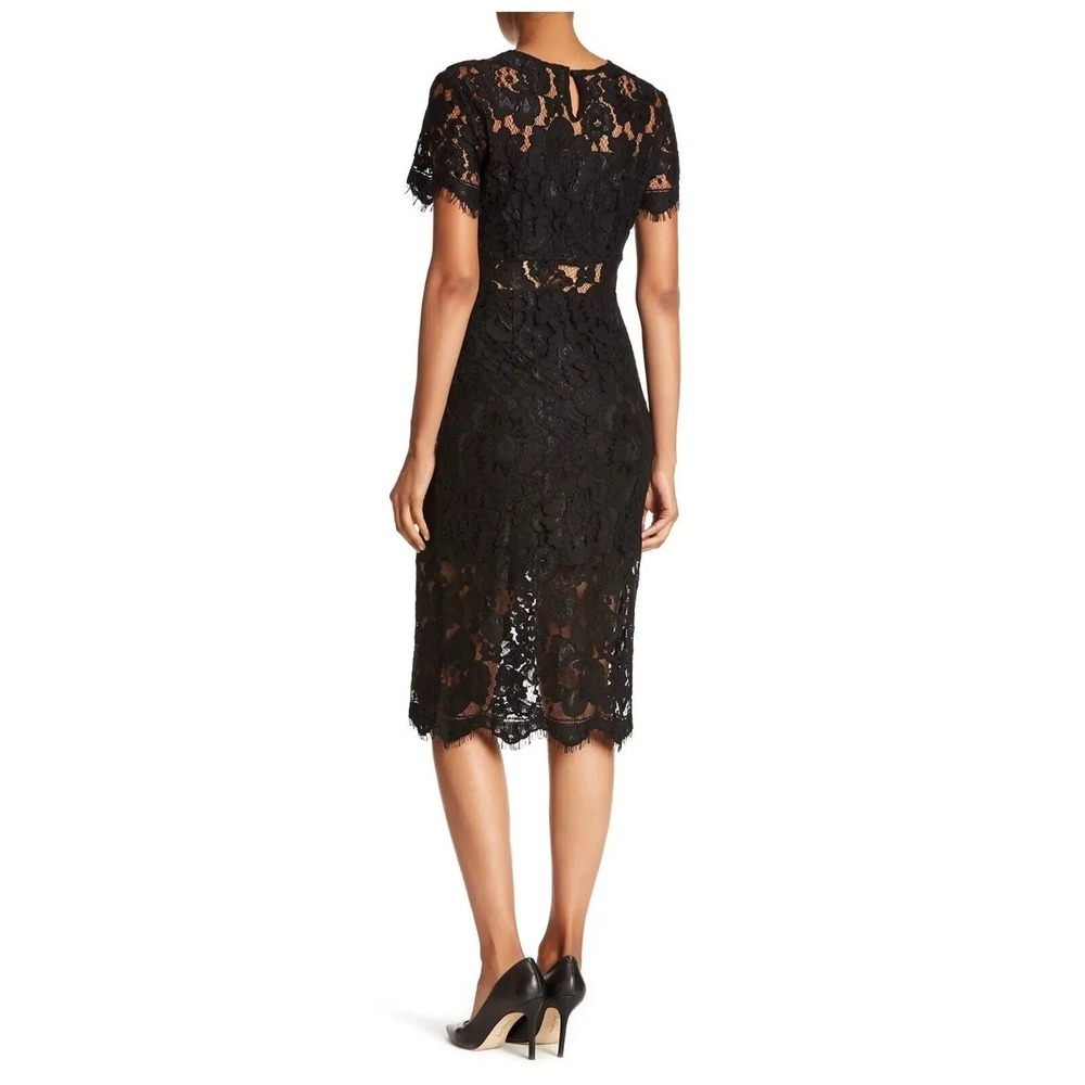 NSR Little Black Dress Lace Cocktail Sophisticated Sheath Midi Peek a Boo Sz S